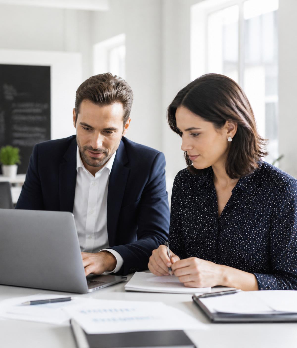 Two colleagues reviewing how work flows through their business